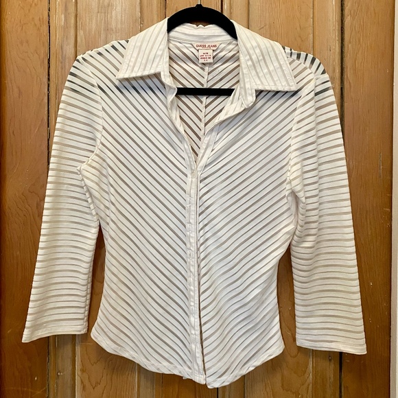 Sheer Striped Button-Up Blouse; Stretch Material - Picture 1 of 4